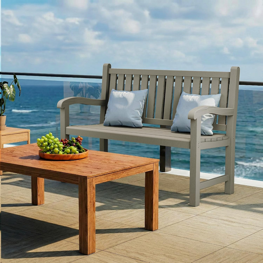 PatioZen Outdoor Bench, Waterproof & Weatherproof Garden Bench with Ergonomic Design, 2-Person Resin Bench for Porch, Deck, Patio, Outdoor, Garden & Park(Grey)