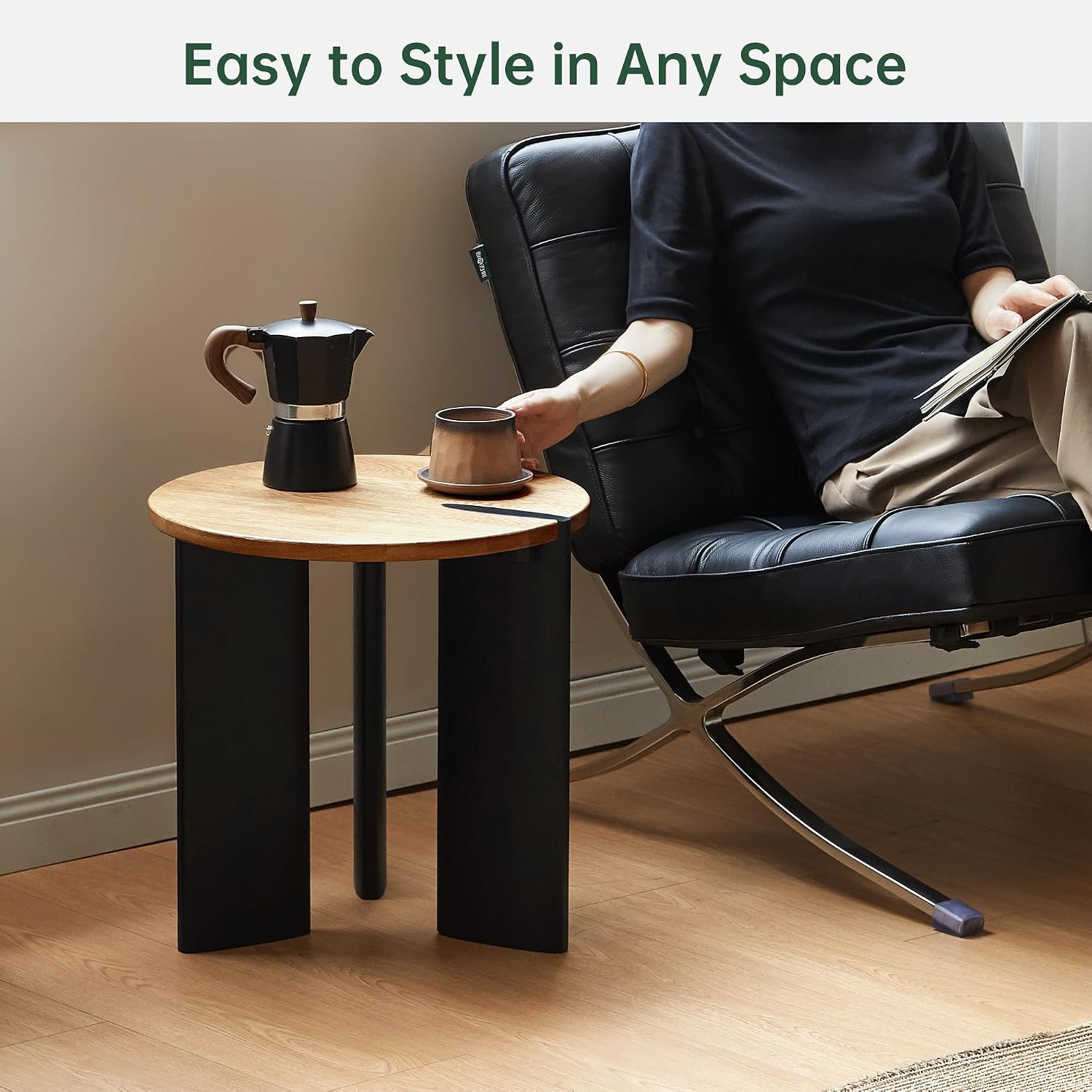 Solid Wood Side Table with 2-Tone Finish, 18.11" Round Side Table for Living Room Balcony, Nature Wooden Bedside Table for Bedroom, 100% Solid Wood Furniture, Solid Oak Natural Top Vintage Black Leg