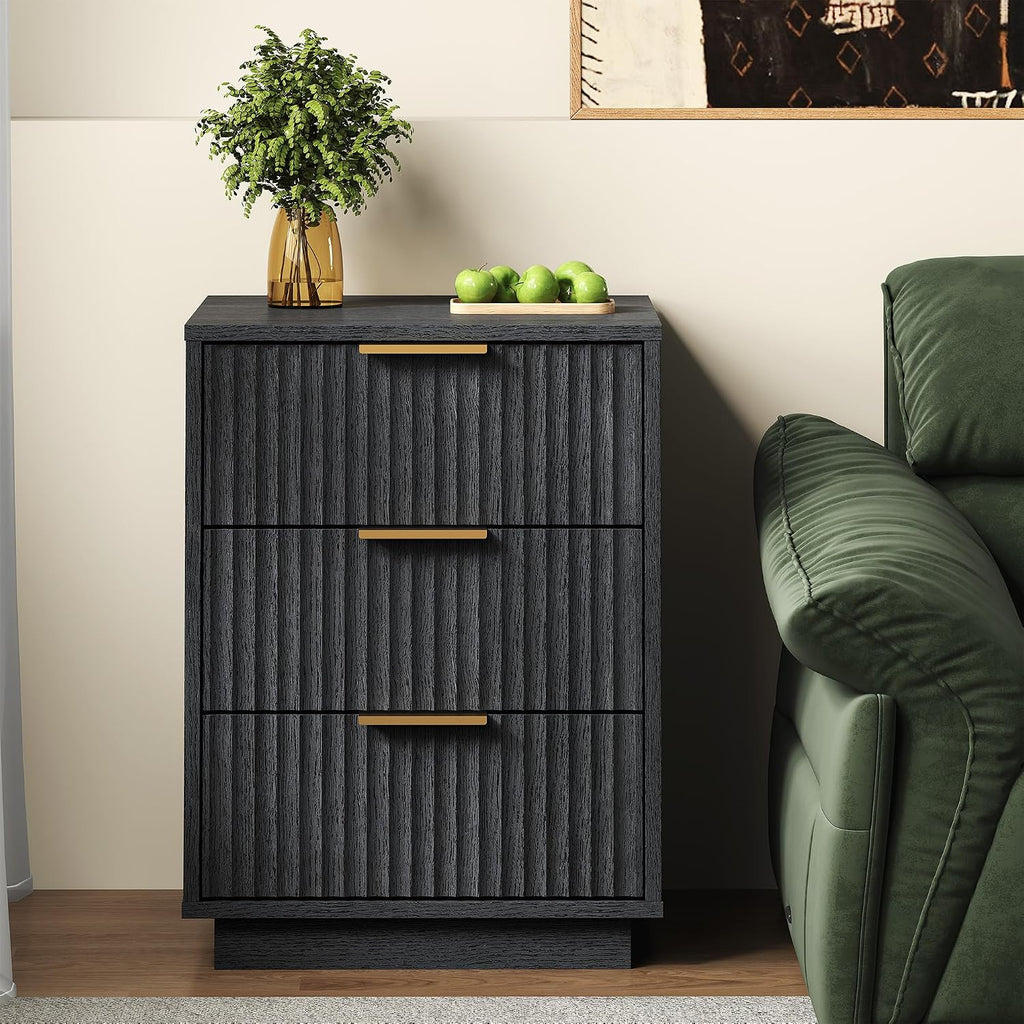 RoyalCraft Black Fluted Nightstand, Modern Bedside Table with 3 Large Storage Drawers, Wood End Table with Metal Handle for Bedroom