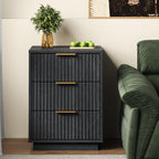 RoyalCraft Black Fluted Nightstand, Modern Bedside Table with 3 Large Storage Drawers, Wood End Table with Metal Handle for Bedroom