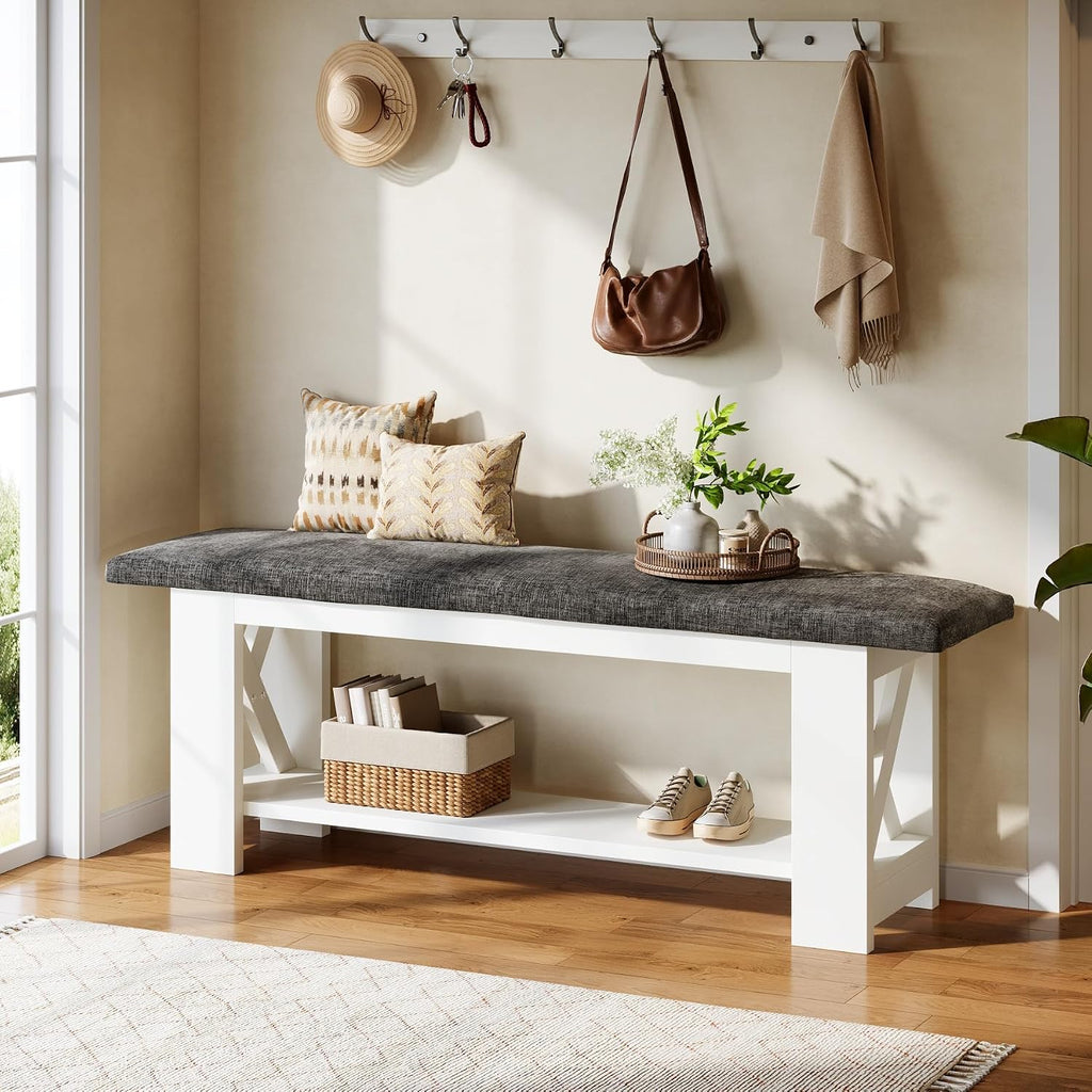 Tribesigns 47" Farmhouse Entryway Bench with Padded Cushion, Farmhouse Wooden Shoe Rack Storage Bench, 2-Tier White Accent Organizer Seat for Hallway, Living Room, Bedroom