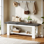 Tribesigns 47" Farmhouse Entryway Bench with Padded Cushion, Farmhouse Wooden Shoe Rack Storage Bench, 2-Tier White Accent Organizer Seat for Hallway, Living Room, Bedroom