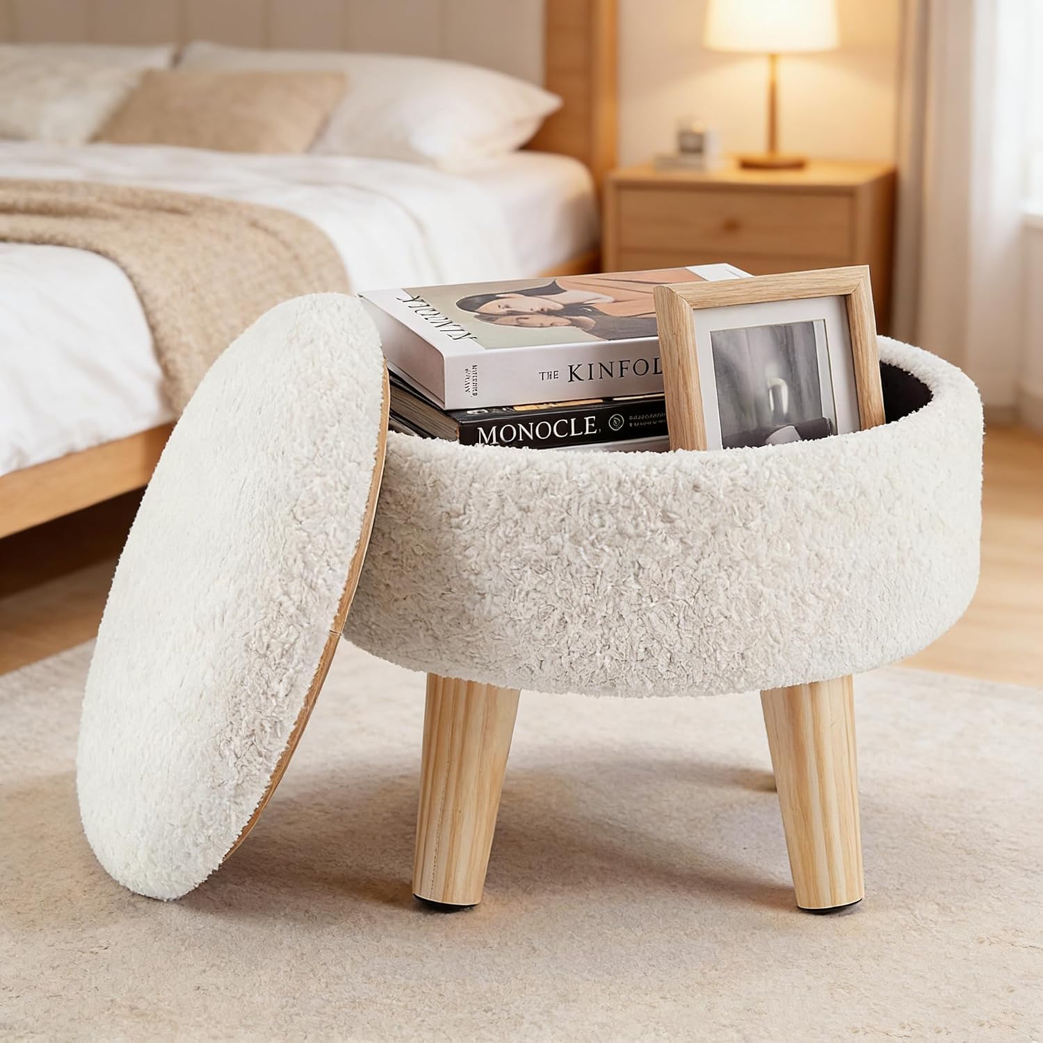 DUMOS Round Storage Ottoman with Reversible Tray Lid, Multi-Functional Footrest, Teddy Velvet Footstool with Wood Legs, Small Coffee Table for Living Room, Bedroom, Beige