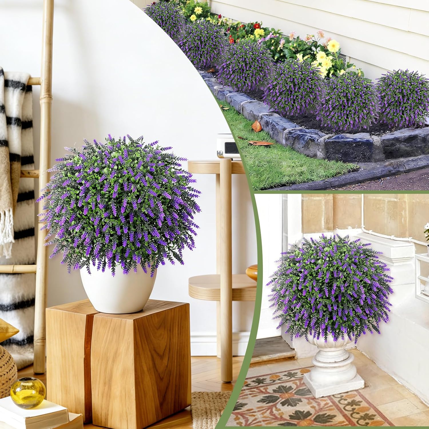 Artificial Plants Bushes for Outdoors, 2 Pack 25.6" Faux Topiary Ball Trees Lavender Plants with Stakes/Spikes for Outside, UV Resistant Fake Greenery for Front Porch, Garden, Yard (Purple, Green )