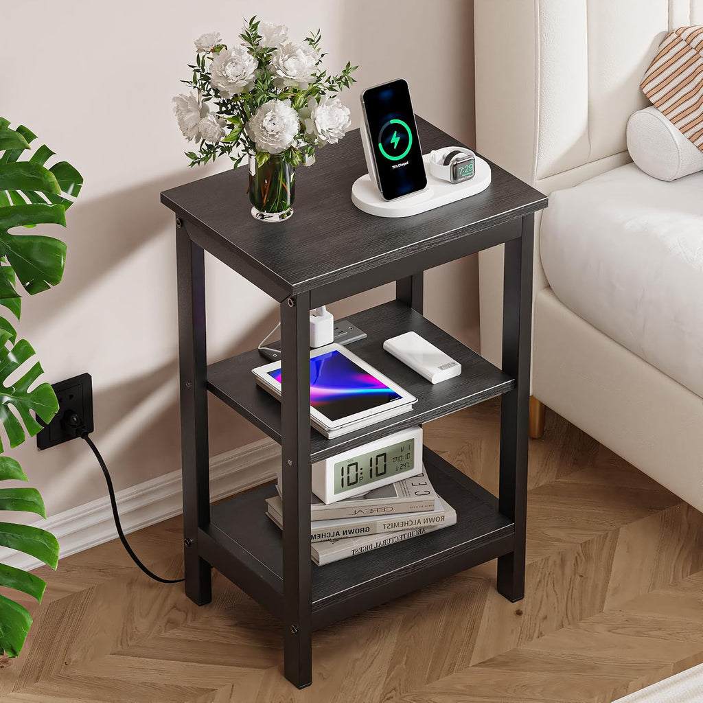 VECELO End Table with Charging Station and USB Ports, Small Wood Nightstand Modern, 24" Tall Living Room Side Table with 3-Tier Storage Shelves for Small Spaces,Office,Bedroom, Classic Black, Set of 2