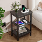 VECELO End Table with Charging Station and USB Ports, Small Wood Nightstand Modern, 24" Tall Living Room Side Table with 3-Tier Storage Shelves for Small Spaces,Office,Bedroom, Classic Black, Set of 2