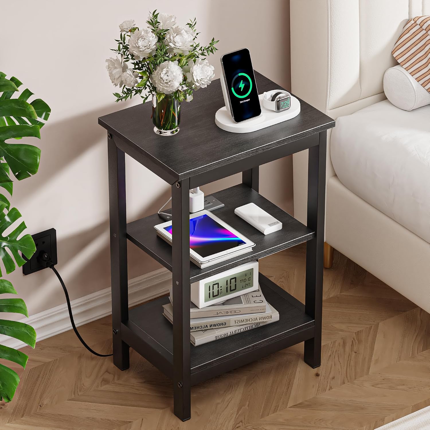 VECELO End Table with Charging Station and USB Ports, Small Wood Nightstand Modern, 24" Tall Living Room Side Table with 3-Tier Storage Shelves for Small Spaces,Office,Bedroom, Classic Black, Set of 2