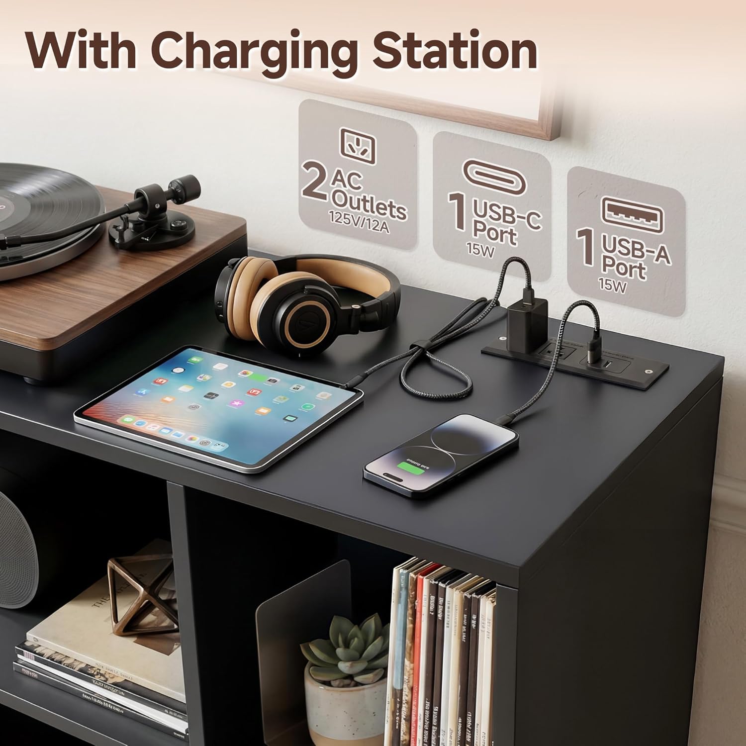 Record Player Stand with Charging Station, Black | Vinyl Record Storage Cabinet, Holds Up to 500+ Albums, Turntable Stand with Large Tabletop for Living Room Music Room Studio