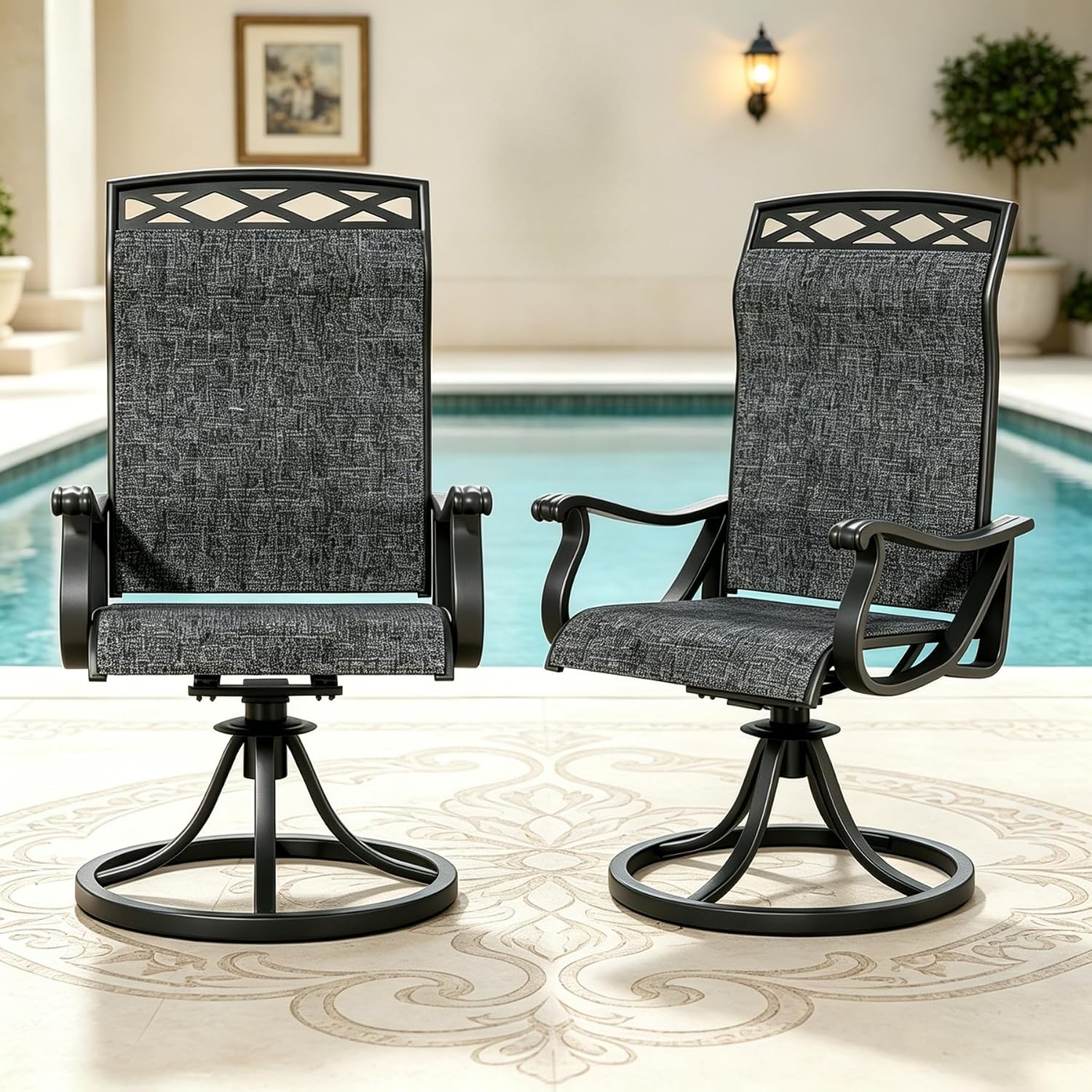 Patio Swivel Chair Set of 2, High Back Textilene Patio Chairs, Swivel Dining Chairs for Outdoor – 360° Swivel Rocker Chair, All-Weather Metal Frame for Porch, Garden, Deck, Poolside (Gray-2, 2PC)