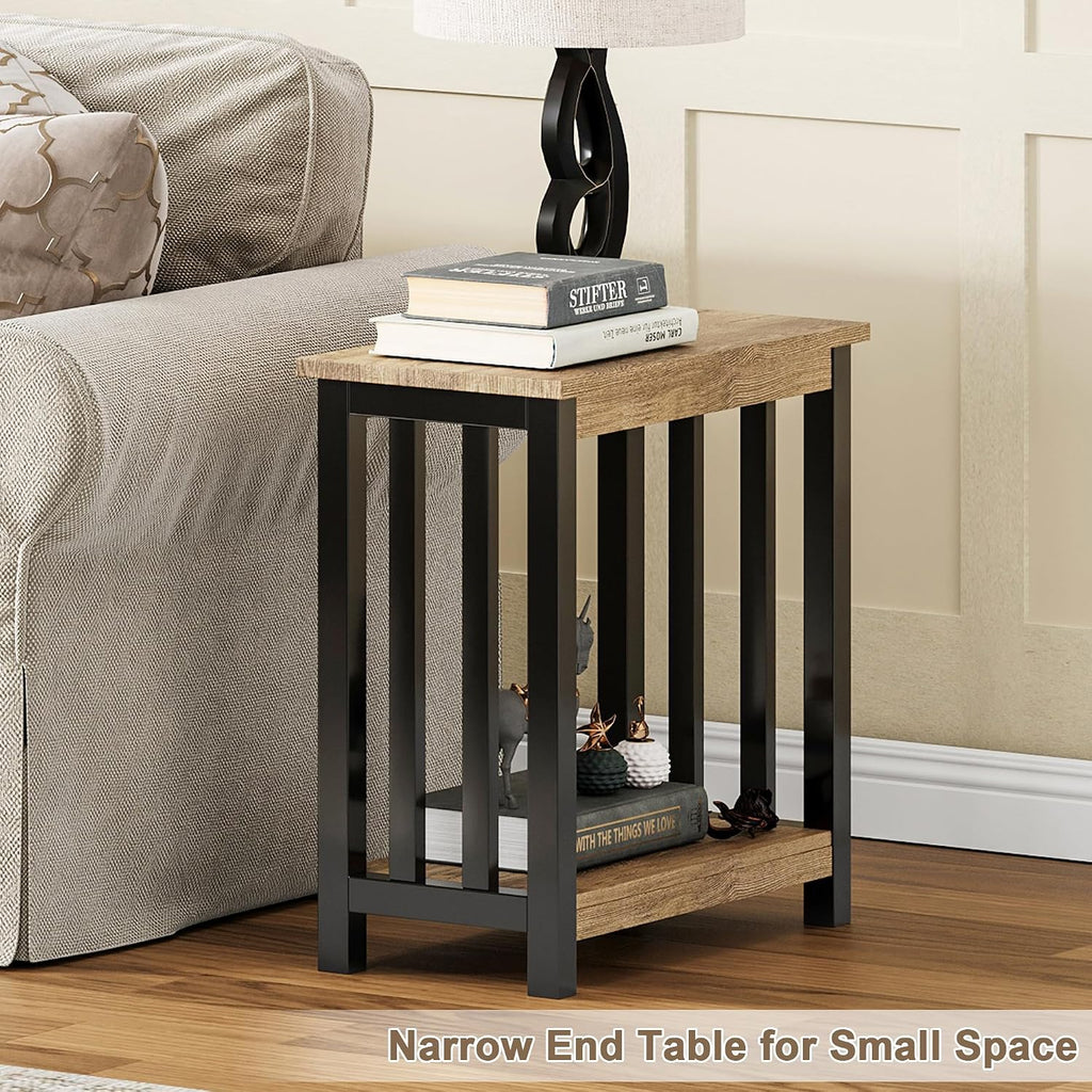 ChooChoo Mission End Table, Narrow Side Table for Small Spaces, Night Stand with Storage Shelf for Living Room and Bedroom, Rustic Oak & Black