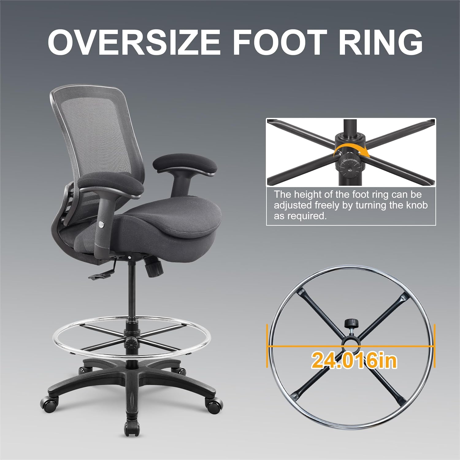 400lbs Office Drafting Chair Wide Dual Seat Cushion for High Standing Desk with Lumbar Support and Enlarged Adjustable Footrest-Black