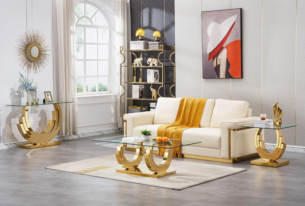 Luxury Gold Glass End Table, 22.6" Square Sofa Side Table with Mirrored Ring-Shape Stainless Steel Base, Glass End Tables Nightstand Bedside Table for Living Room Bedroom