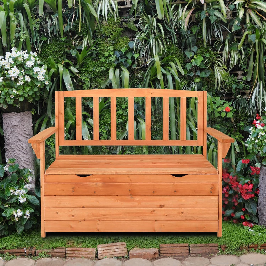 44Inch Yard Storage Bench with Backrest & Armrest, Outdoor Patio Seat Box, Outdoor Storage Bench Cedar Yard Box Patio Seating Garden Furniture,Garden Seating | Yard Storage Benchs - Bright Orange Red