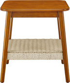 23" Mid-Century Side Table with Woven Shelf, Boho Side Table with Storage, Compact Nightstand for Bedroom Living Room Couch Patio Home Office, Wooden Accent Table