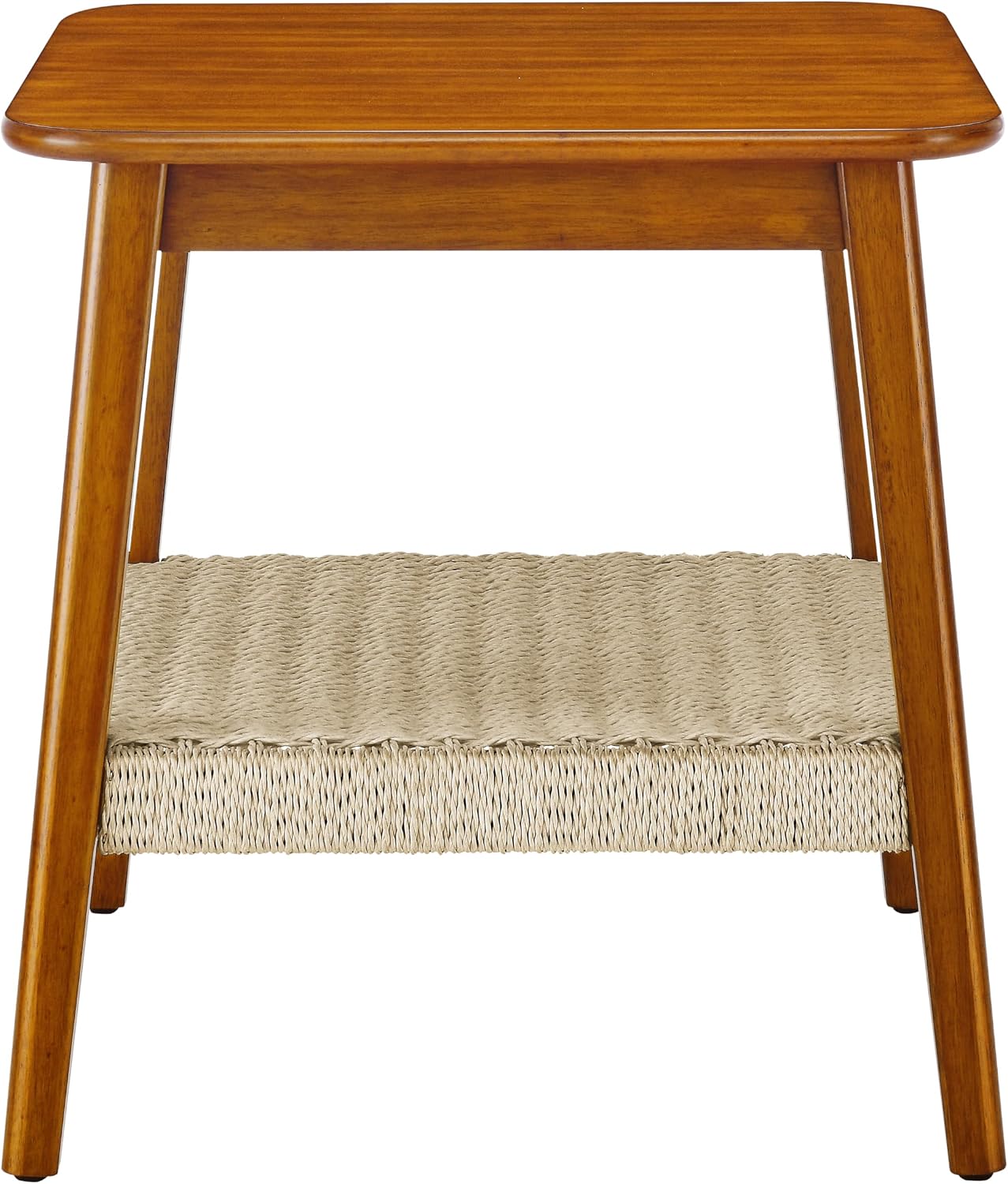 Boho Side Table with Woven Shelf and Storage, Mid-Century Design for Bedside, Living Room, Couch, Patio, Home Office