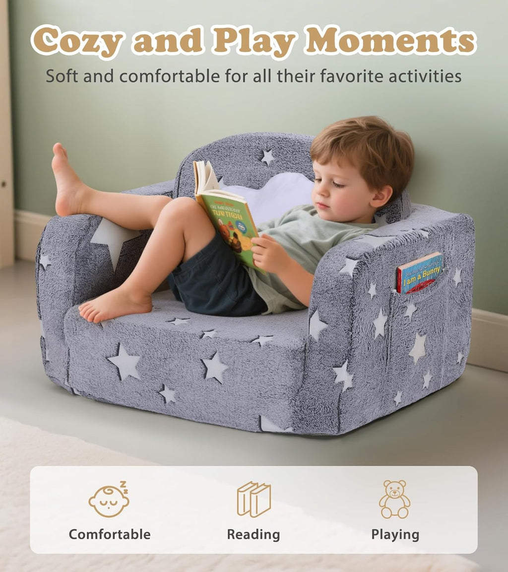 Kids Couch, 2-in-1 Soft Toddler Couch Fold Out with with Blanket and Cloud Pillow, Glow in The Dark, Toddler Chair Comfy, Convertible Sofa, Gifts for Kids Girl Boys, Medium Grey Star