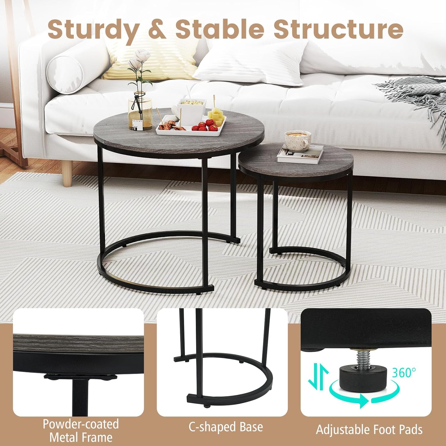 Giantex Nesting Coffee Table Set of 2, Round Stacking Side Tables with Wooden Tabletop & Powder Coated Steel Frame, Space Saving Vintage End Tables for Living Room, Balcony, Office (Grey Oak)
