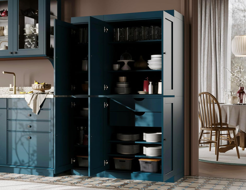 Palace Imports Solid Wood Kitchen Pantry Cabinet - 71.5" H x 48.5" W – Wooden Storage Cabinet w/ 6 Shaker Doors, 2 Drawers & 8 Adjustable Shelves – Teal Blue, 100% Eco-Friendly Wood, Made in Brazil