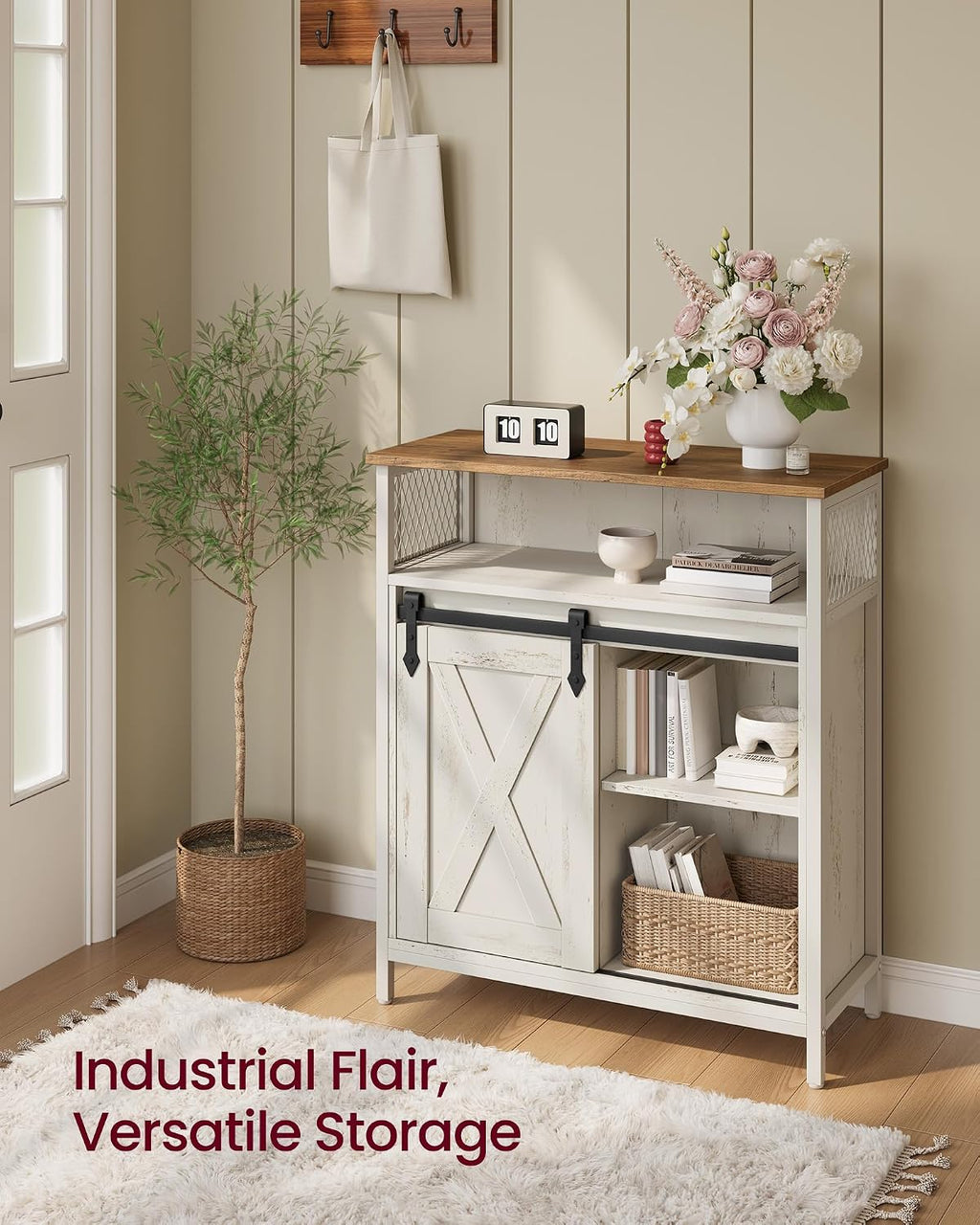 VASAGLE Buffet Cabinet, Coffee Bar Storage Cabinet, Sideboard with 1 Sliding Barn Door, Adjustable Shelves, 11.8 x 27.6 x 31.5 Inches, for Living Room, Rustic White and Honey Brown LSC089WJ02S
