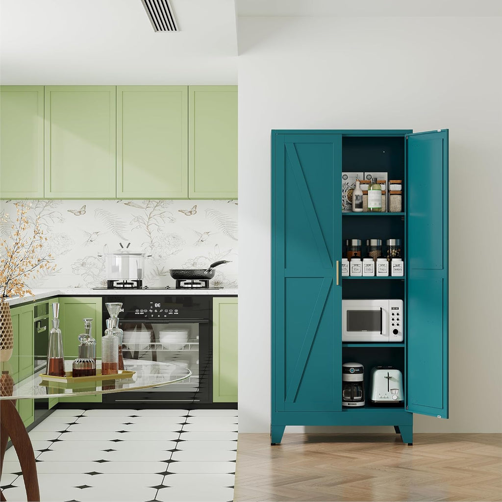 QINPTWUT 61" Metal Storage Cabinet, 4-Tier Kitchen Pantry with 3 Adjustable Shelves, Farmhouse Design Freestanding Cupboard for Kitchen, Bathroom, Laundry, Garage, Blue