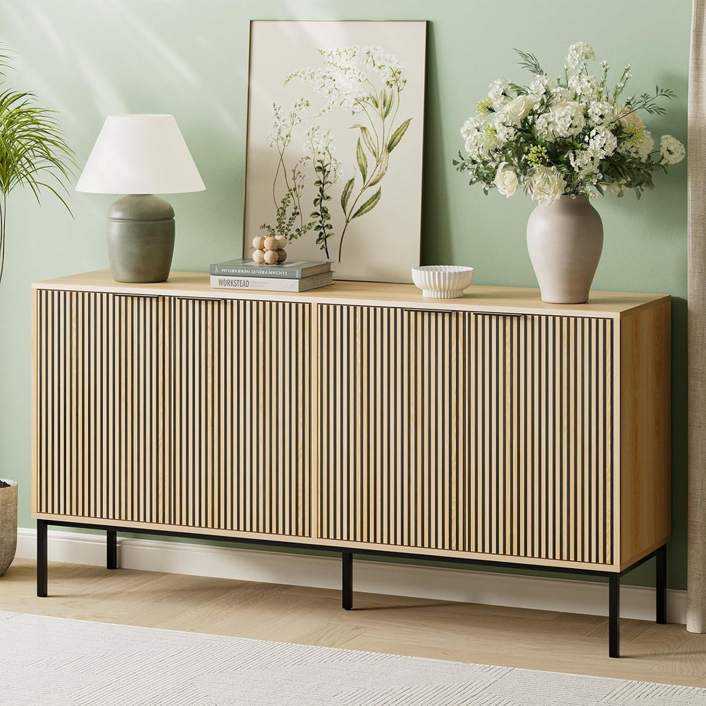 Sideboard Buffet Cabinet with 4 Doors, 63" Kitchen Accent Storage Cabinet with Adjustable Shelves, Square Tubular Steel Legs,Wood Sideboard Credenza for Kitchen Coffee Bar, Natural Wood