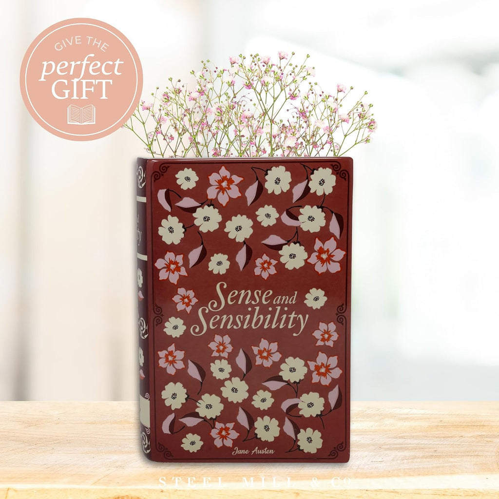 Steel Mill & Co Original Jane Austen Book-Shaped Decorative Vase, Ceramic Vases for Home Decor, Cute Bookshelf Decor, Unique Vase for Book Lovers (Sense and Sensibility)