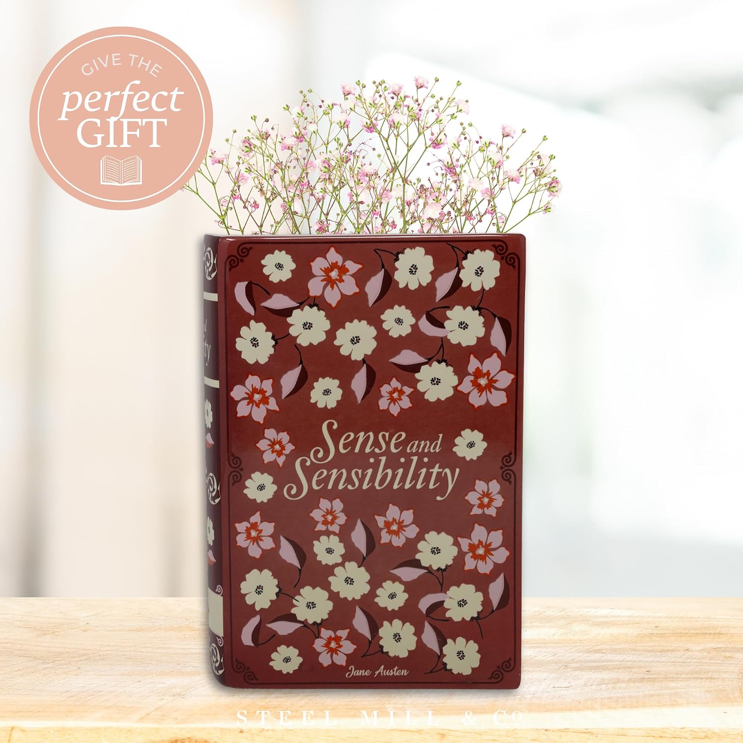 Steel Mill & Co Original Jane Austen Book-Shaped Decorative Vase, Ceramic Vases for Home Decor, Cute Bookshelf Decor, Unique Vase for Book Lovers (Sense and Sensibility)