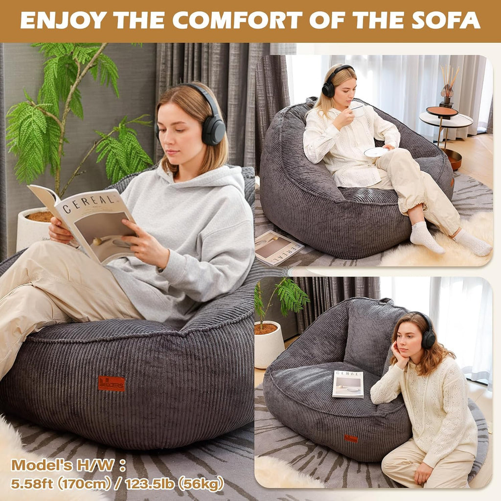 Giant Bean Bag Chair for Adults, Teens and Kids, Cozy Fluffy Corduroy Beanbag Chair with Filler, Large Floor Lounge Sofa for Living Room, Bedroom, Dorm, Gaming and Reading(L-Darkgrey)