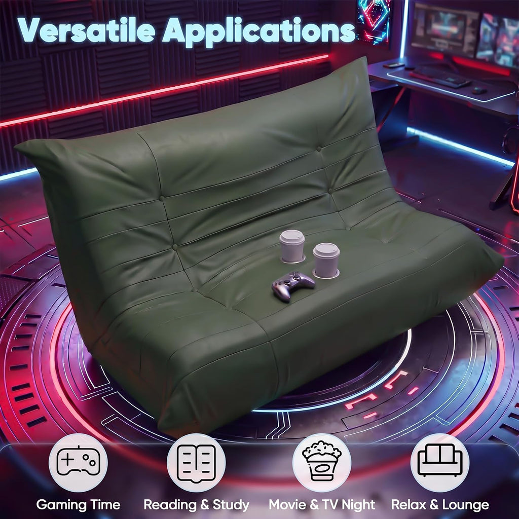Homall Floor Gaming Chair Boneless Loveseat Couch, Ergonomic Floor Sofa Couch with Cup Holders, Leather Lazy Floor Lounger for Gaming, Reading, Relaxing, Watching TV (Olive Green)