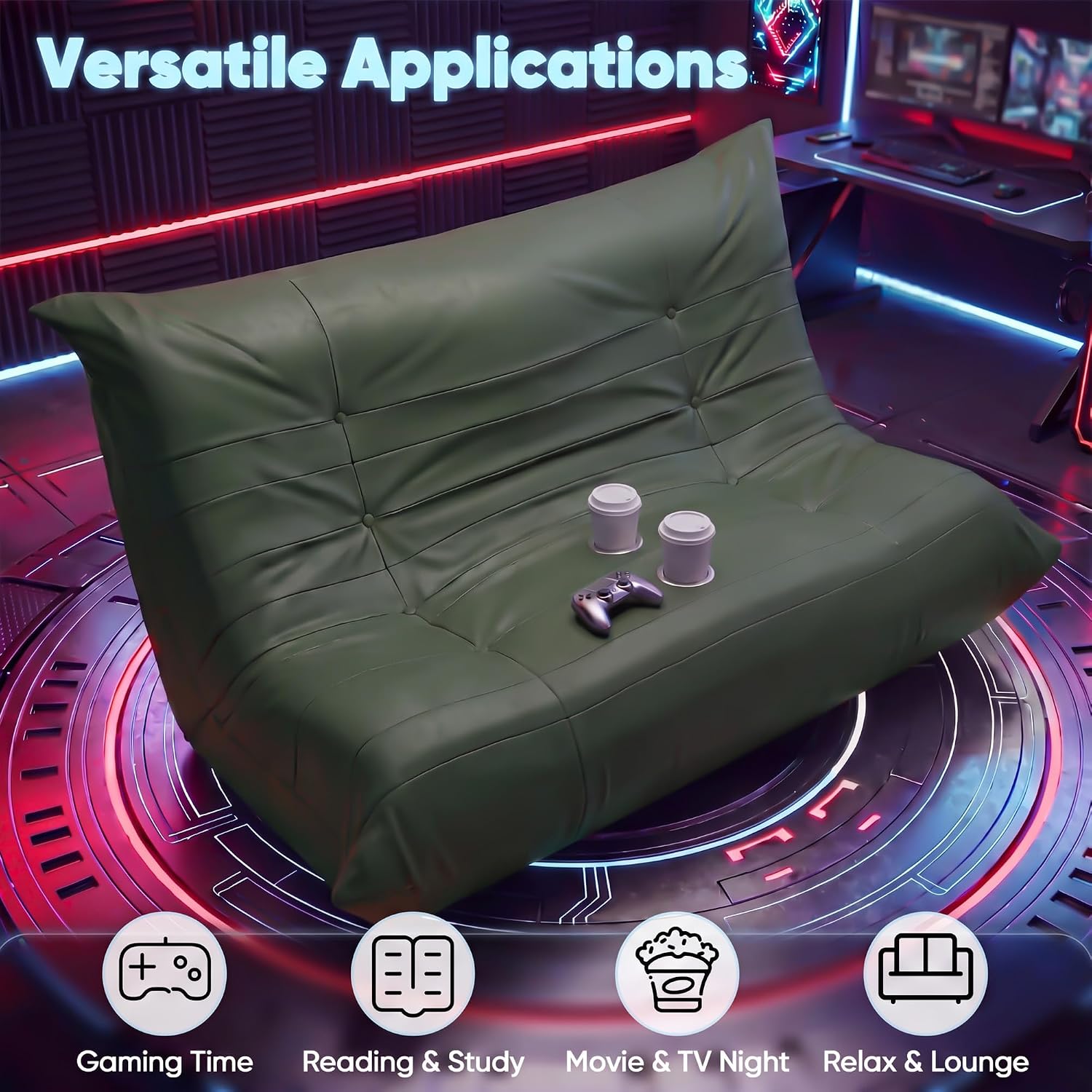 Homall Floor Gaming Chair Boneless Loveseat Couch, Ergonomic Floor Sofa Couch with Cup Holders, Leather Lazy Floor Lounger for Gaming, Reading, Relaxing, Watching TV (Olive Green)