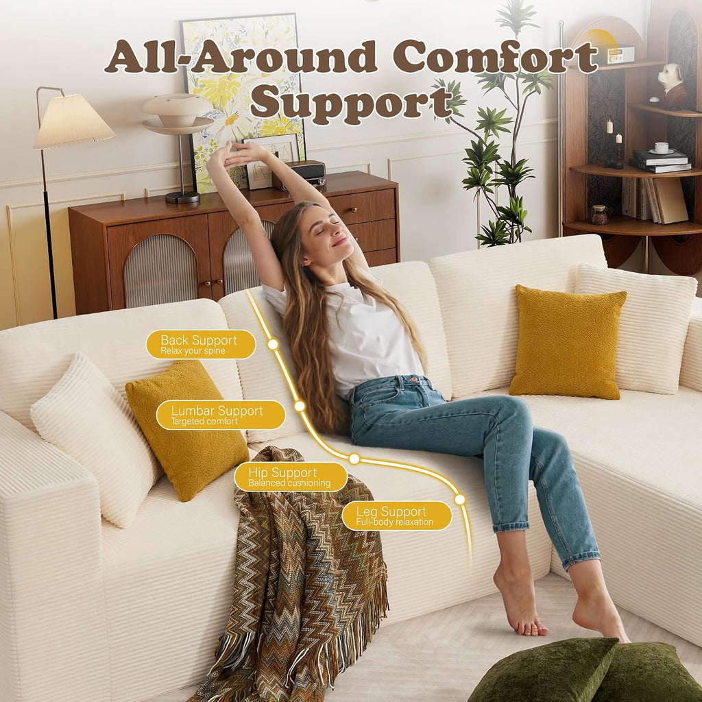 109” Cloud Sectional Couch, Boneless Modular Sofa with L-Shape Chaise, Deep Seat Corduroy Couch, No Assembly Required, Modern Upholstered Sectional for Living Room Apartment Bedroom