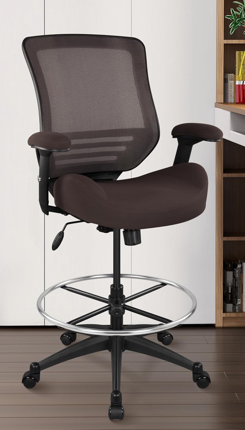 BOLISS 400lbs Mesh Ergonomic Drafting Chair,Tall Office Chair, Standing Desk Chair,Height Adjustable Armrest,Lumbar Support,Foot Ring,Swivel Computer Task Chair(Brown)