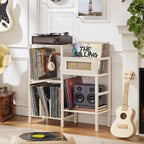 LELELINKY Record Player Stand, White Cream Oak Wood Record Holder with Vinyl Storage Holds up to 300+ Albums, 3-Tier Rattan Media Table with Vinyl Display Shelf, Record Storage Cabinet for Living Room