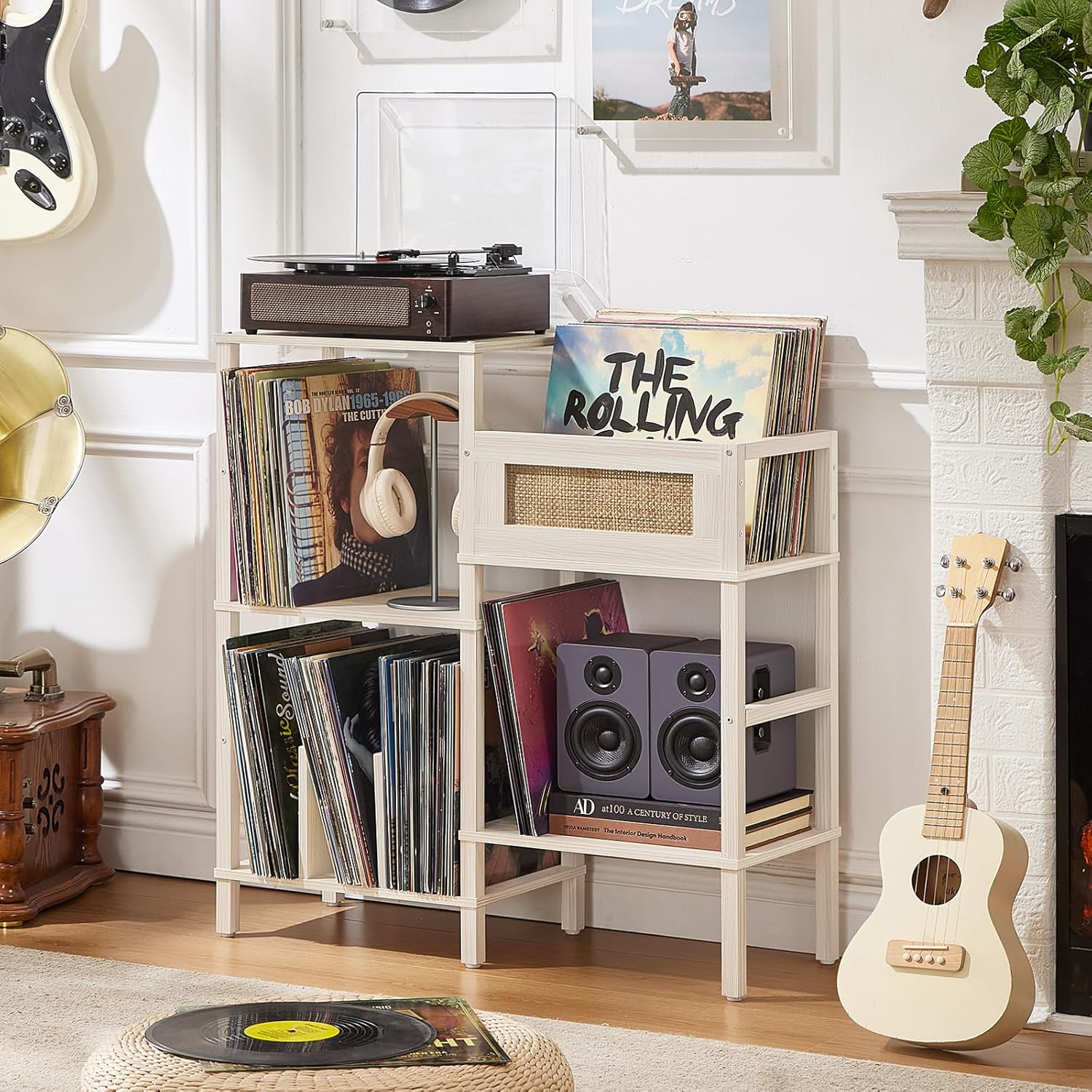 LELELINKY Record Player Stand, White Cream Oak Wood Record Holder with Vinyl Storage Holds up to 300+ Albums, 3-Tier Rattan Media Table with Vinyl Display Shelf, Record Storage Cabinet for Living Room
