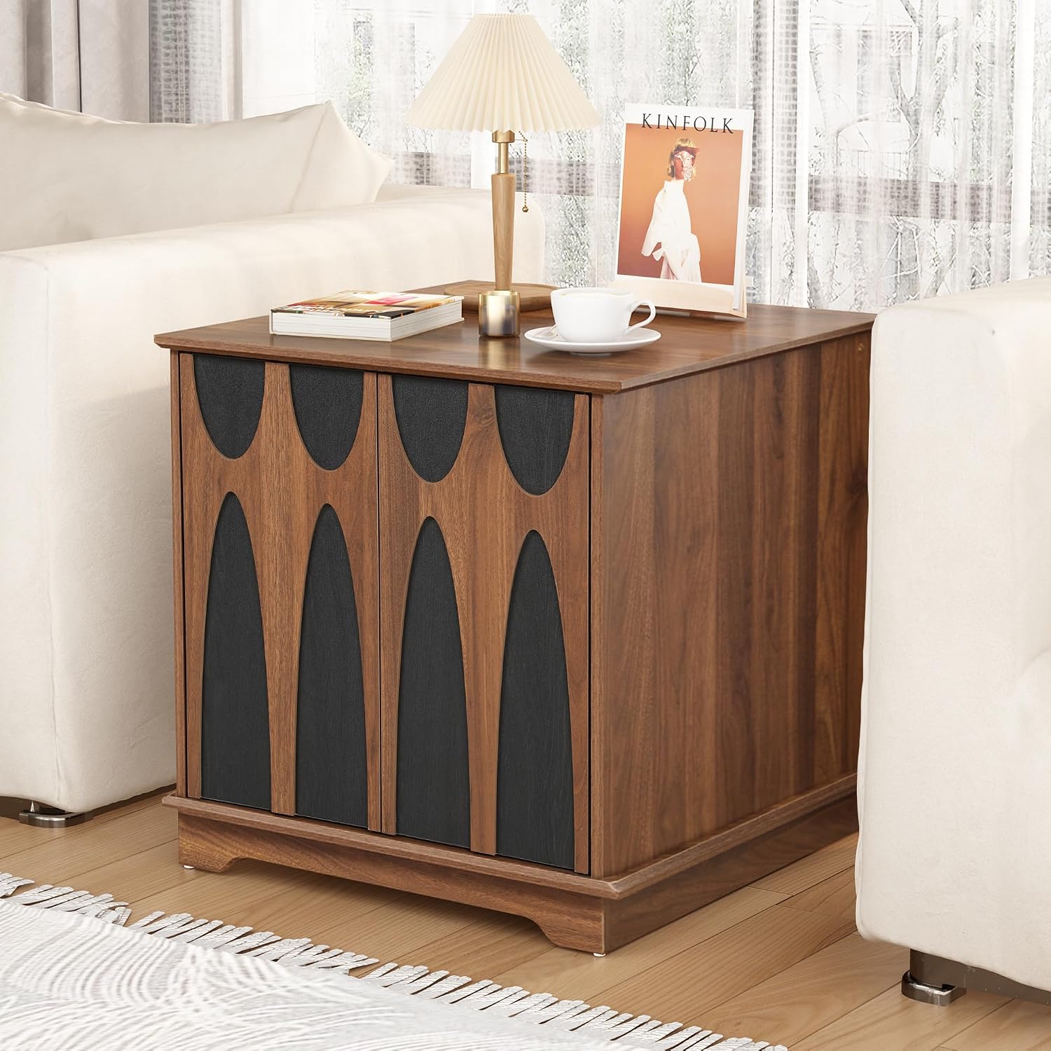 Bifins 24inch Large Square End Table with Storage,Mid Century Modern 2 Door Sofa Side Table with Shelf for Living Room Office