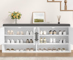 Farmhouse Shoe Storage Bench with Cushion, 47.2" Wide Entryway Bench with Adjustable Shelves and Open Bottom Shelf, Hidden Shoe Cabinet Storage for Entryway, Hallway, Bedroom White