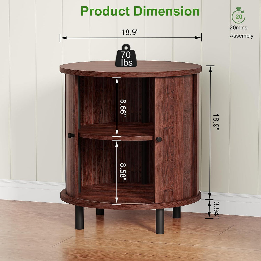 FROMJBEST Round End Table with Storage, Fluted Accent Side Table with Sliding Door, Mid-Century Nightstand for Small Spaces, Living Room, Bedroom (1, Walnut)