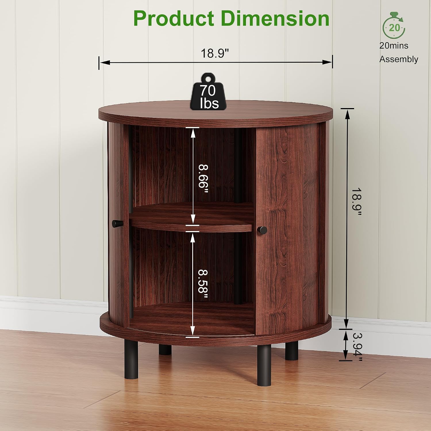 FROMJBEST Round End Table with Storage, Fluted Accent Side Table with Sliding Door, Mid-Century Nightstand for Small Spaces, Living Room, Bedroom (1, Walnut)