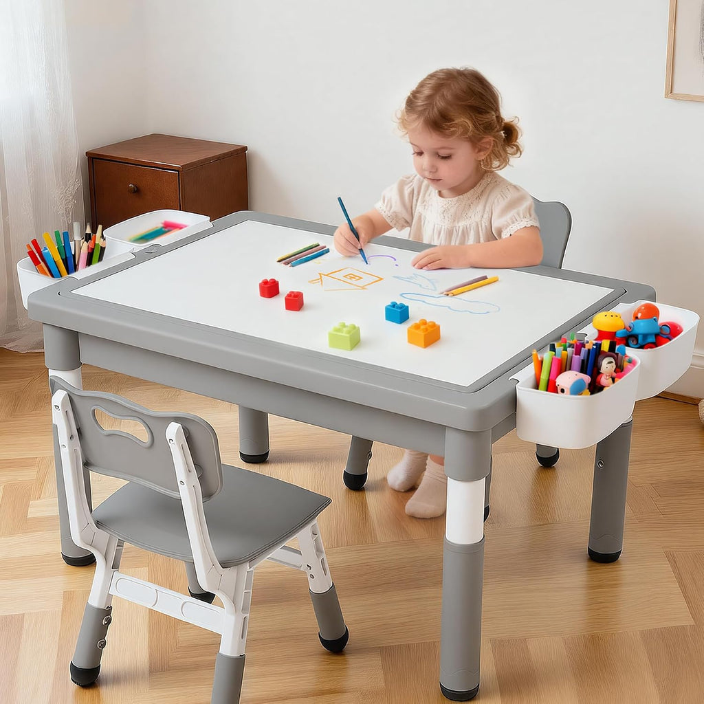 Kinder King Kids Table & 2 Chairs Set, Height Adjustable Children Activity Table w/Storage, Graffiti & Building Blocks Tabletop, Toddler Furniture Set for Classroom, Daycare, Home, Age 3+, Grey