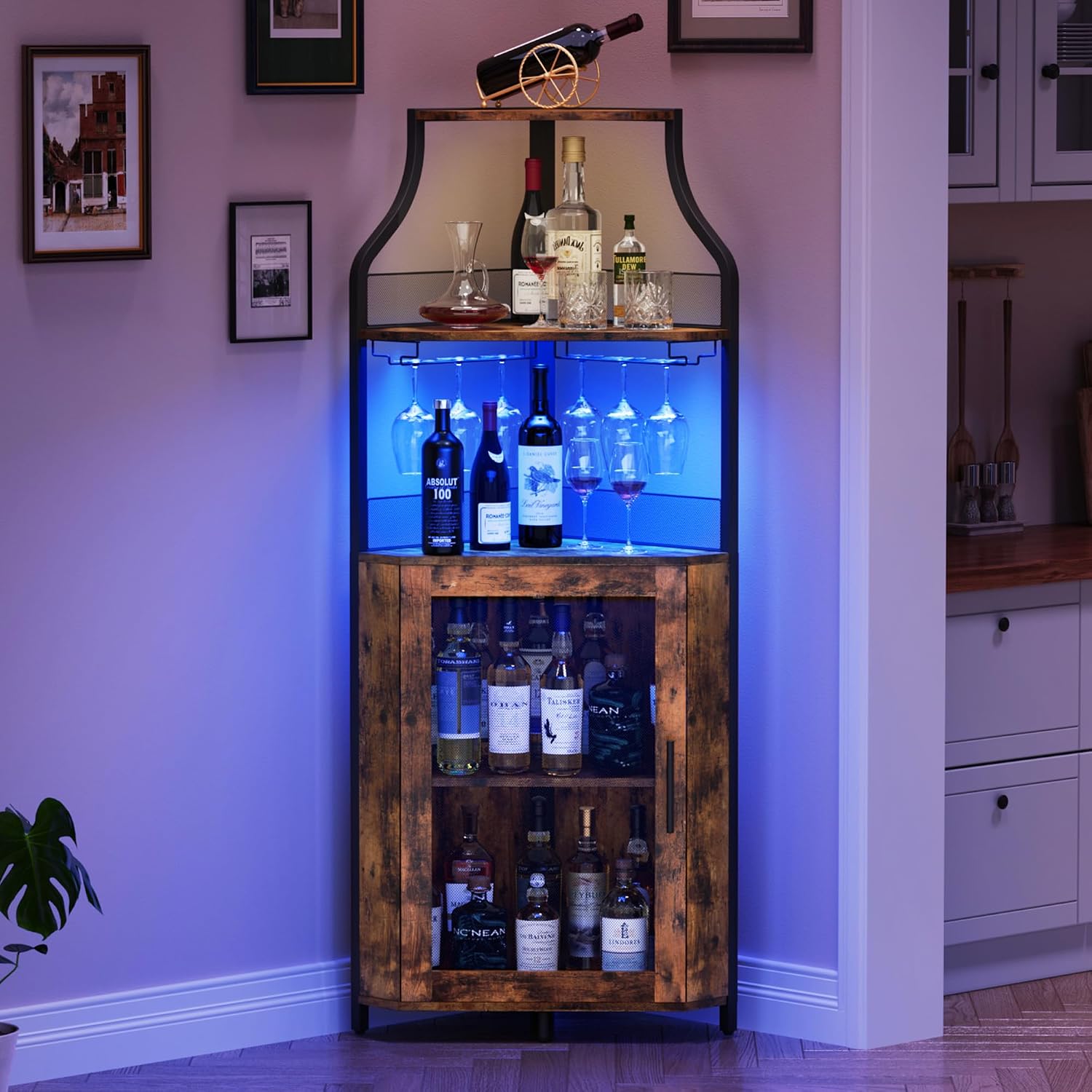 GAOMON Corner Bar Cabinet with LED Strip and Glass Holder, Industrial Wine Cabinet with Adjustable Shelf, 5-Tier Liquor Cabinet for Home, Rustic Brown