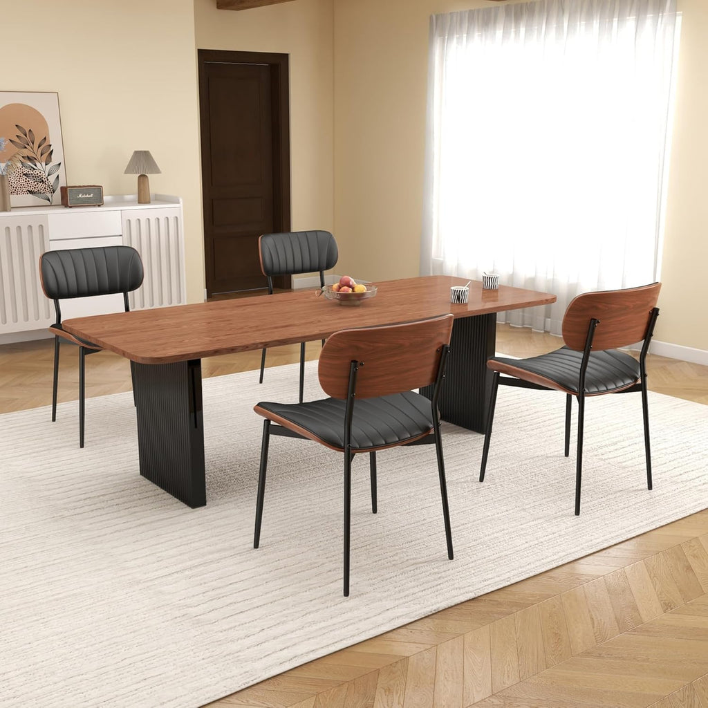 Mid Century Modern Dining Chairs Set of 2,Upholstered Faux Leather Kitchen Chairs with Walnut Bentwood Back and Metal Legs for Kitchen Dining Room Living Room, Black