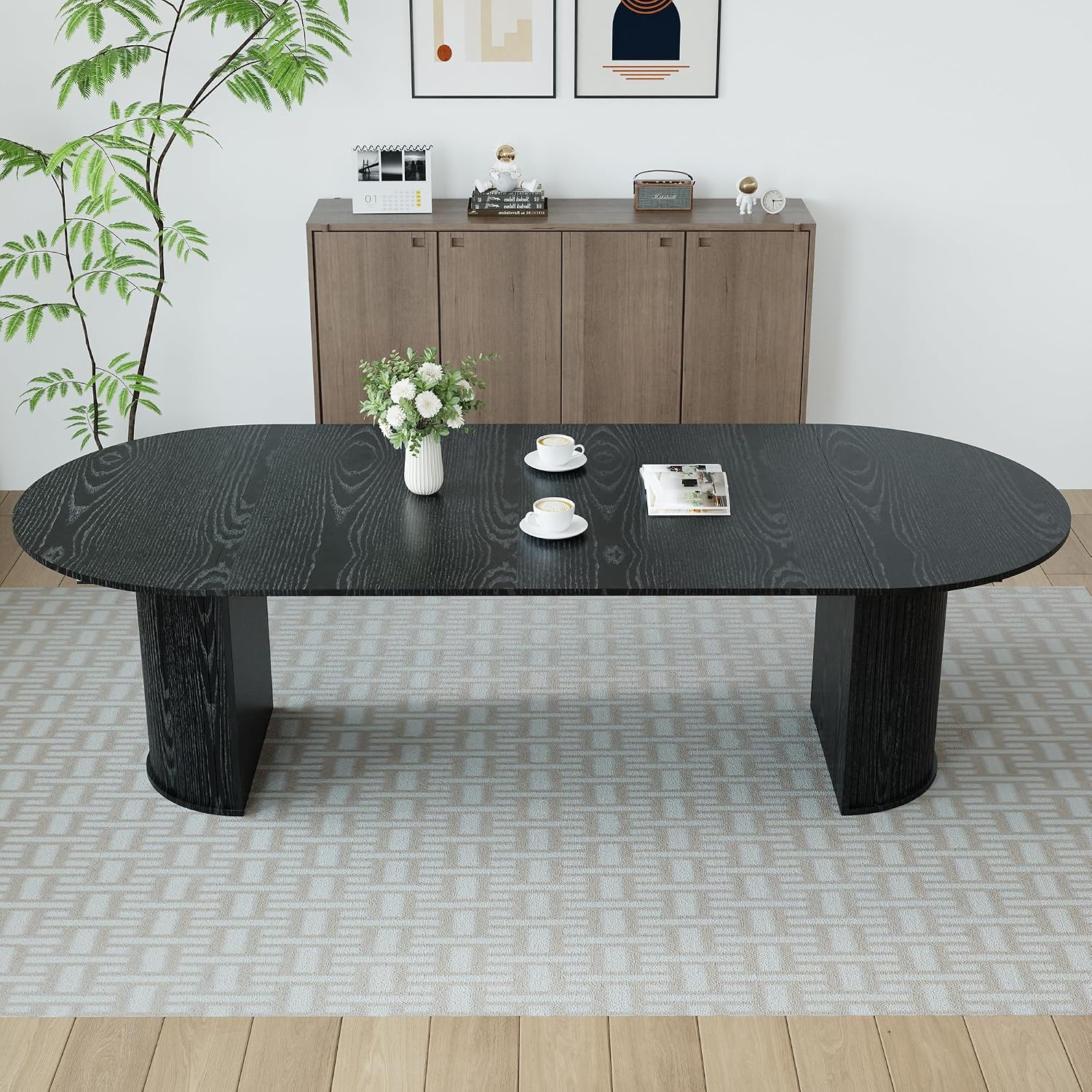 AF ARTISAN FURNITURE 105" Oval Extendable Dining Table for 4-10, MDF Tabletop with Fluted Column Base, Mid-Century Modern Kitchen Table for Dining Room or Office, Extends 45"-105", Black