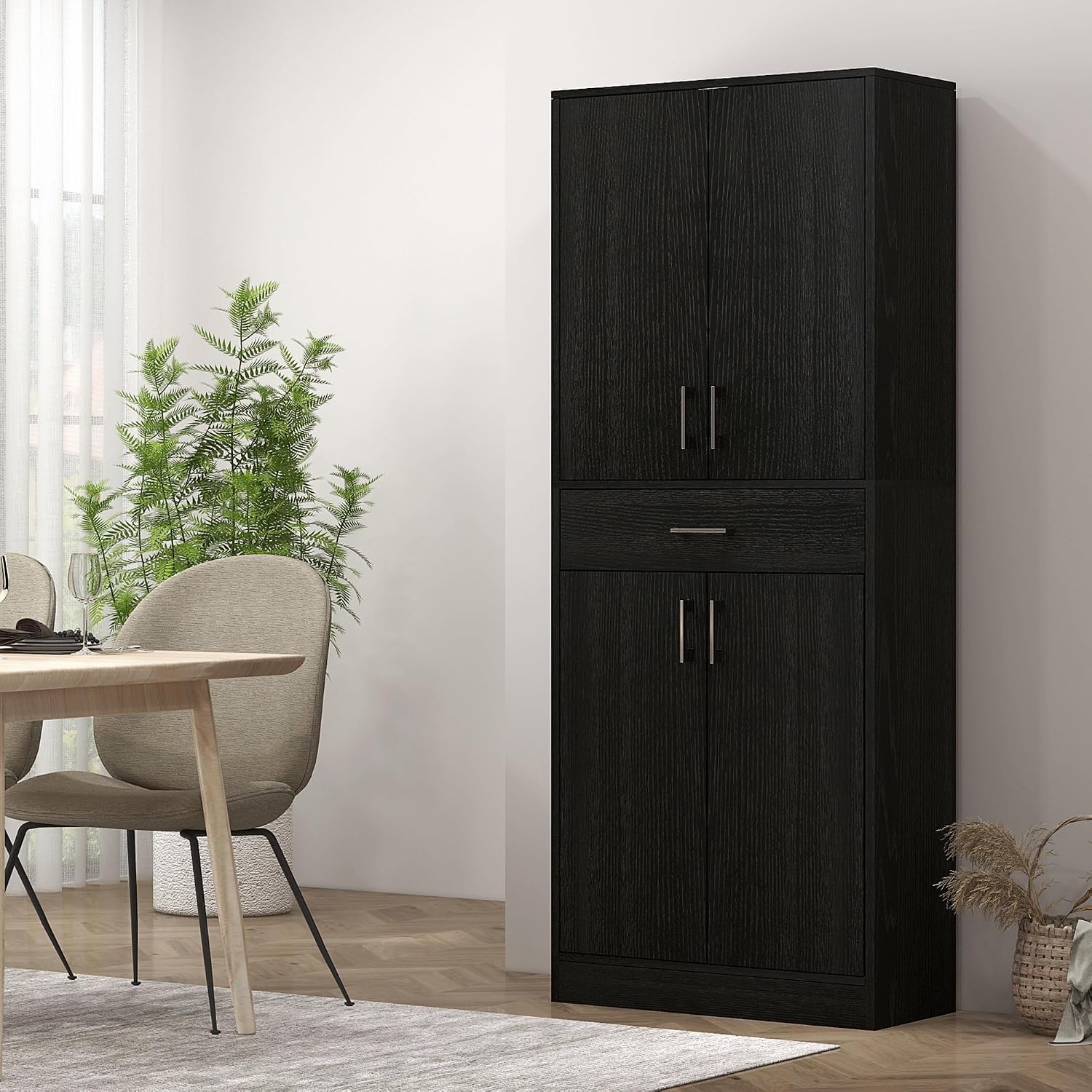 71" Kitchen Pantry, Freestanding Storage Cabinet with Drawer and Adjustable Shelf, 2 Double Door Cupboards, Black, Easy to Maintain, for Dining Room