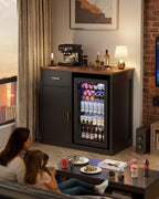 39" Mini Fridge Cabinet, Coffee Bar with Mini Fridge Space, Black | Coffee Bar Cabinet, Mini Fridge Compatible, Drawer Storage, Adjustable Shelf, Wood Grain Countertop, Living Room or Home Bar