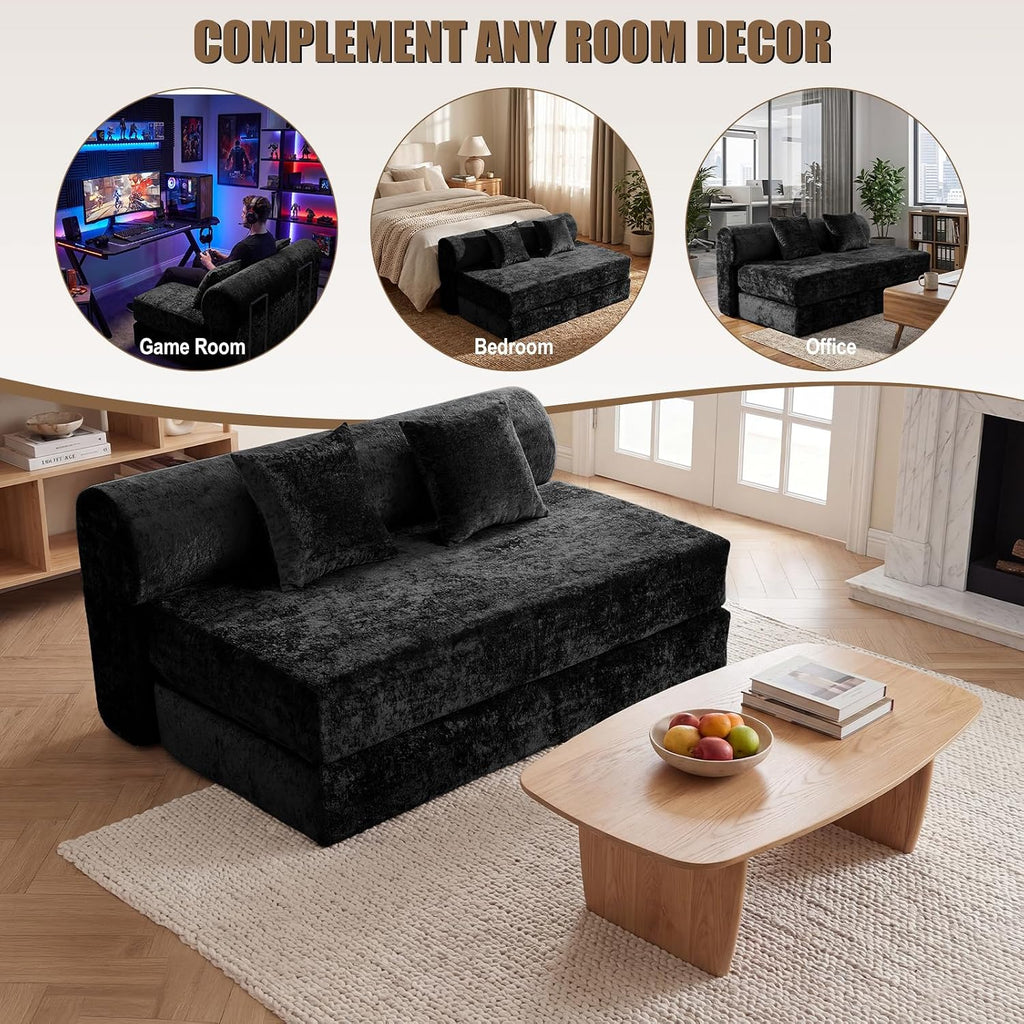 59" Convertible Sofa Bed with High Backrest & Washable Cover, Compression Boneless Couch in a Box, Sectional Loveseat Floor Sleeper Sofa for Bedroom, Living Room, BlackFleece