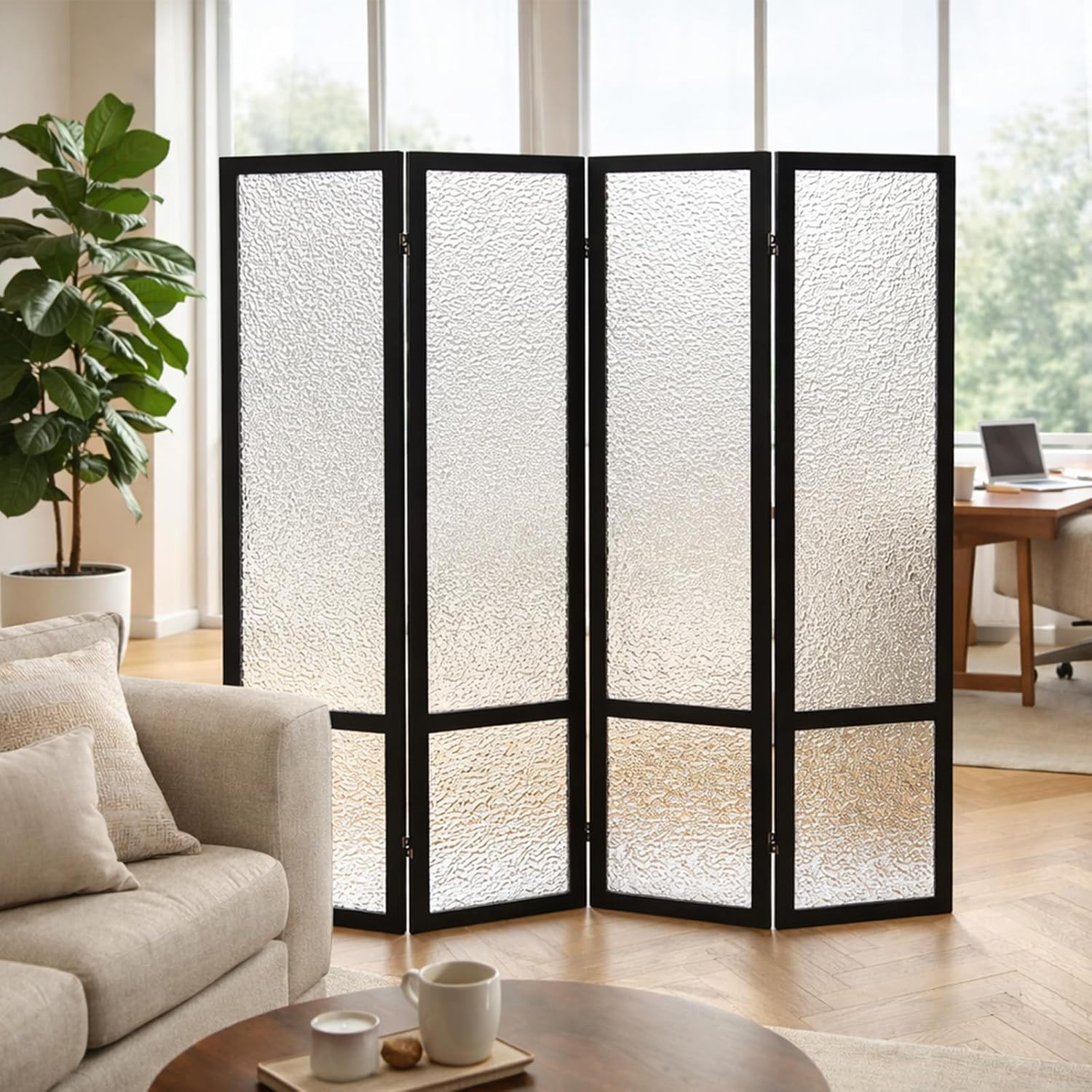 Acrylic Room Divider Panel, 67"x63" Translucent Partition Wall Divider for Room Separation, 4 Panel Freestanding Folding Privacy Screen with Black Wood Frame for Home Office & Loft