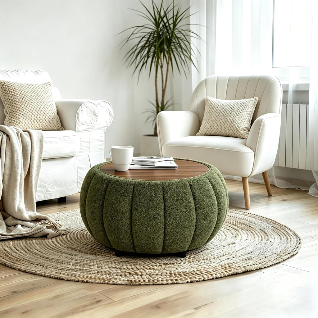 YDcosyfy 30 Inches Round Ottoman Coffee Table with Storage, Upholstered Ottoman in Boucle Teddy Fabric, Wooden Top with Tray, Soft Pumpkin Shape Design,for Living Room, Bedroom, Lounge, Green