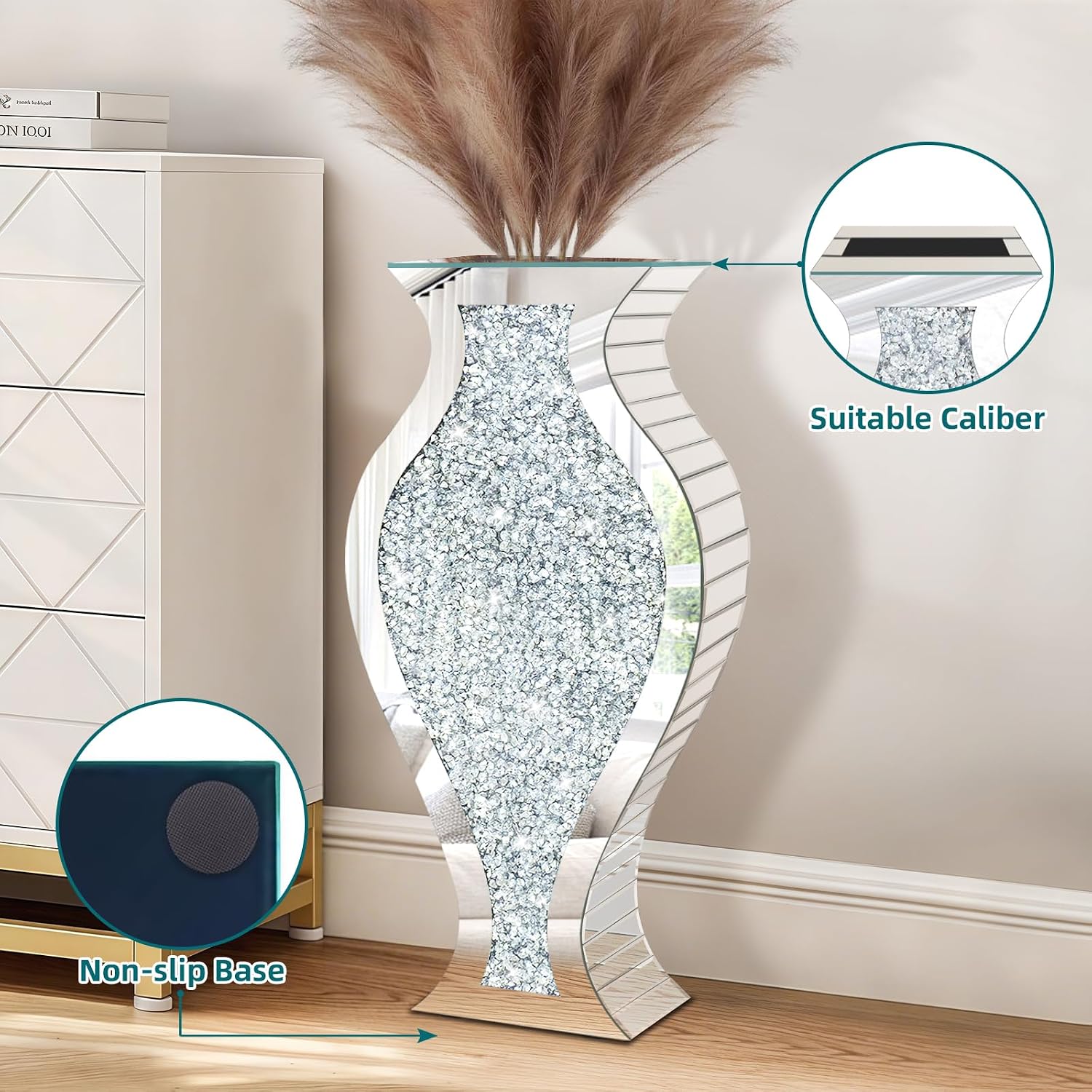 27" Tall Crushed Diamond Floor Vase, Fish-Shaped Silver Large Vases for Decor Living Room, Crystal Mirrored Home Decor Vases for Dried Flower