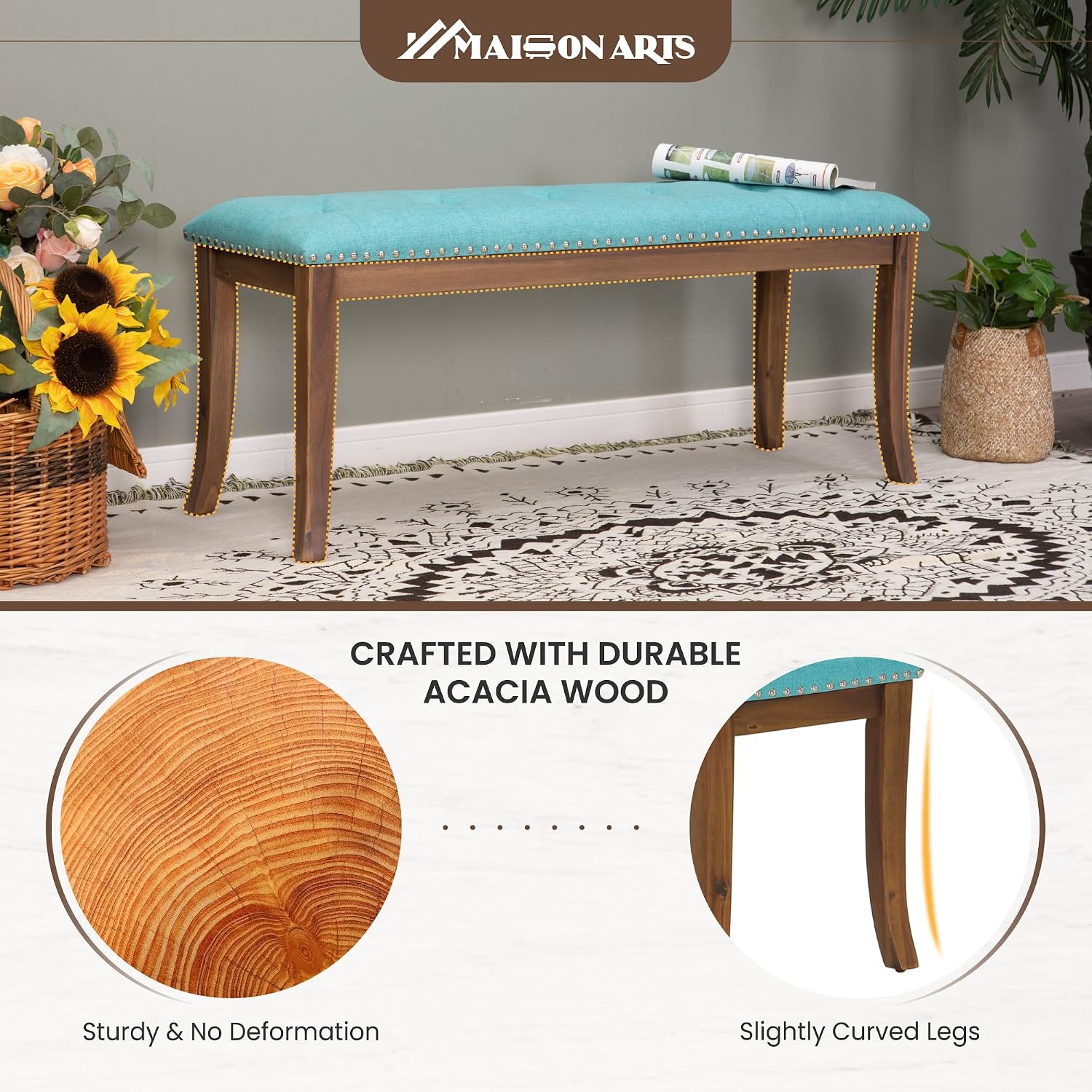 MAISON ARTS 44'' Upholstered Dining Room Bench, Padded Vintage Dining Bench with Solid Wood Legs and Button-Tufted for Kitchen, Living Room, Hallway