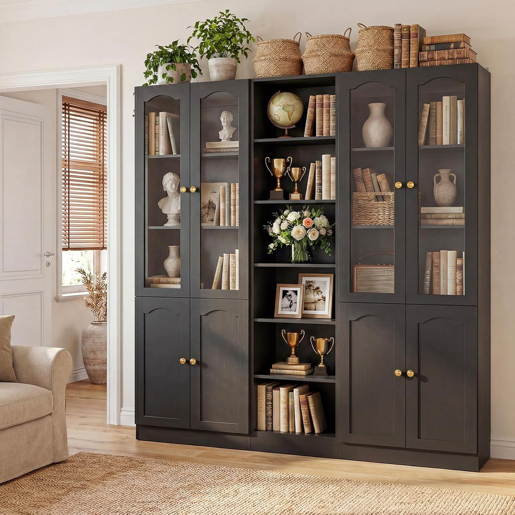 Cyclysio 80" Tall Pantry Cabinet Set of 3, Large Kitchen Storage Cabinet with Arched Glass Doors and Open Shelves, Black Kitchen Pantry with 3.15" Baseboard Cutout for Living Room, Dining Room
